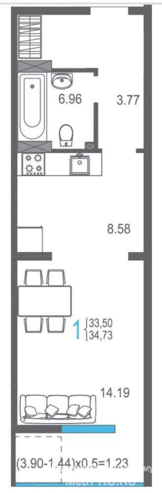 В продаже видовая квартира - студия 34,38 кв.м, жилой площадью 14,19 кв.м, кухонной зоной 8,58 кв.м и лоджией 3,9...